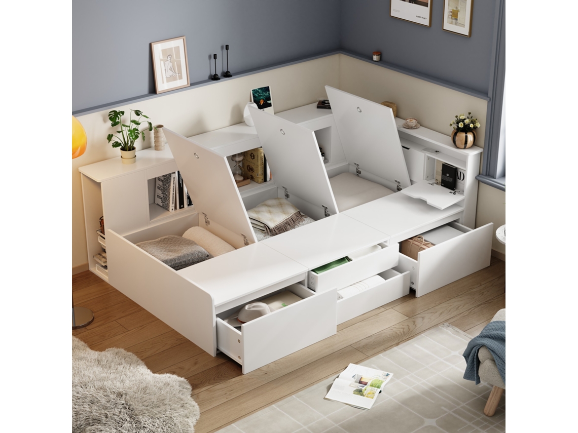 Cama 90x200 Branca Infantil Estante Gavetas VOLTEDGE