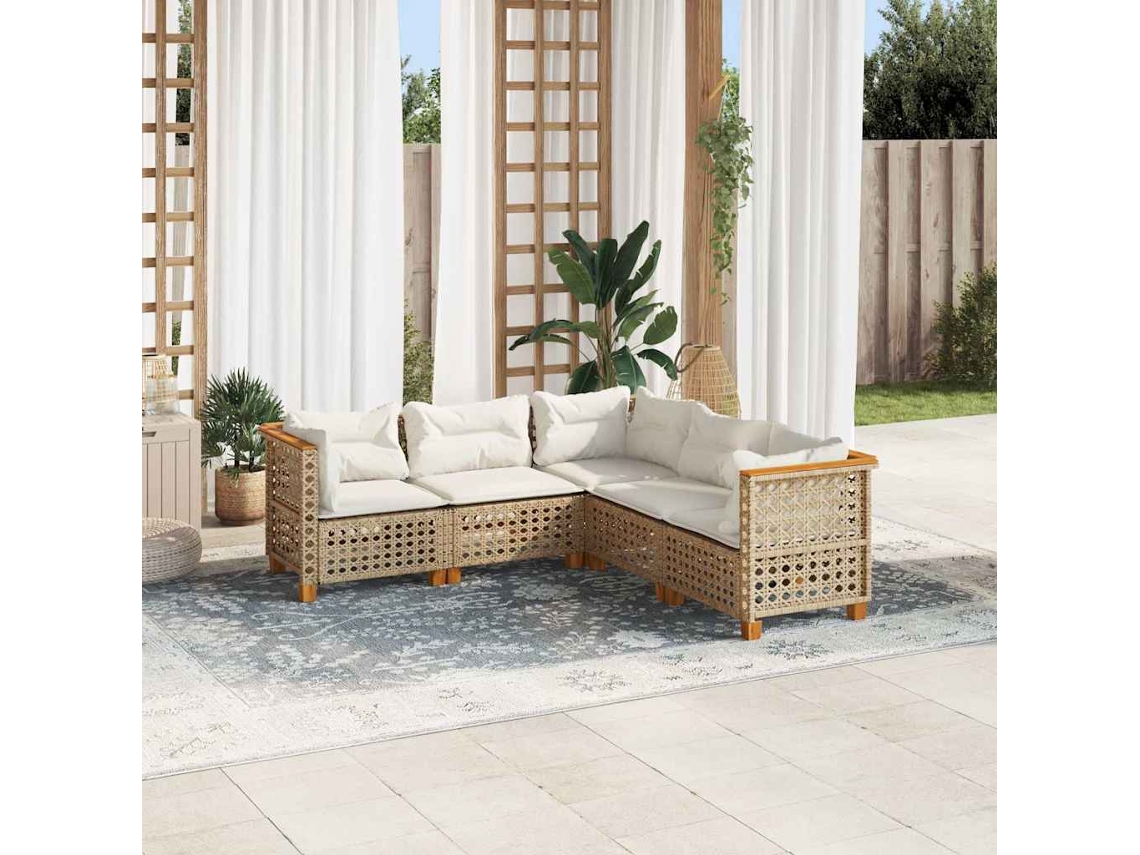 Vidaxl 5 Pcs Conjunto De Sofás P/ Jardim Com Almofadões Vime Pe Bege