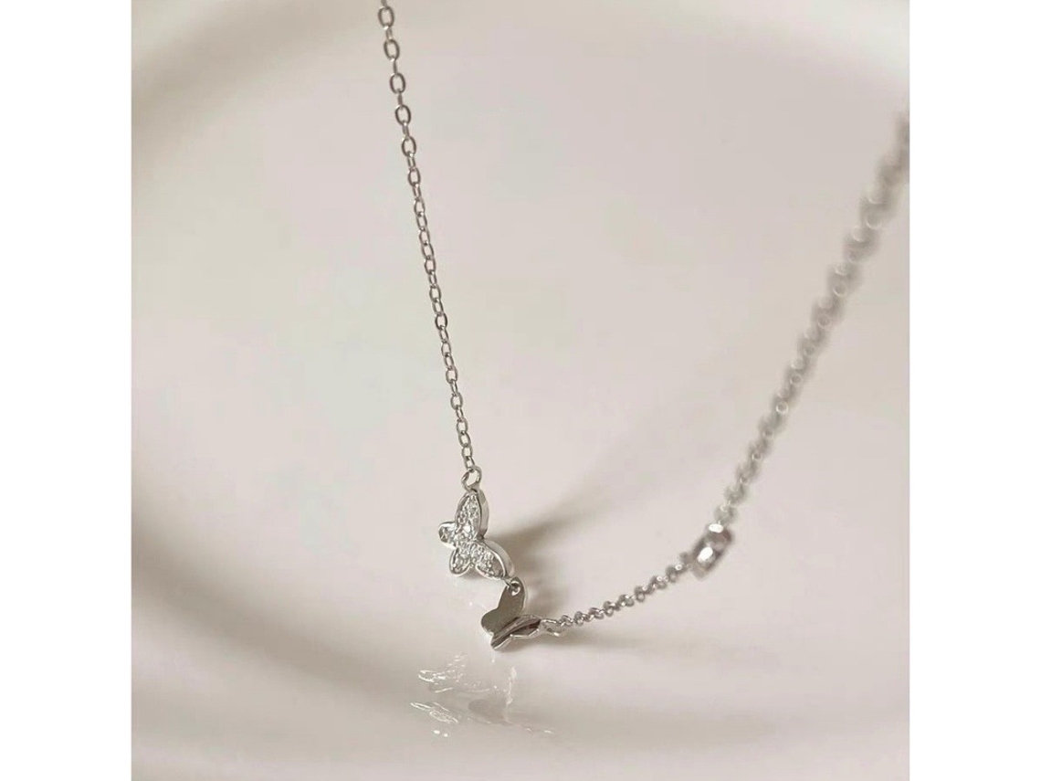 Colar com Pingente Duplo de Borboleta em Prata de Lei S925 com Banho de Zircônia. Design Elegante, Simples e Requintado. MDUG (ouro Branco)