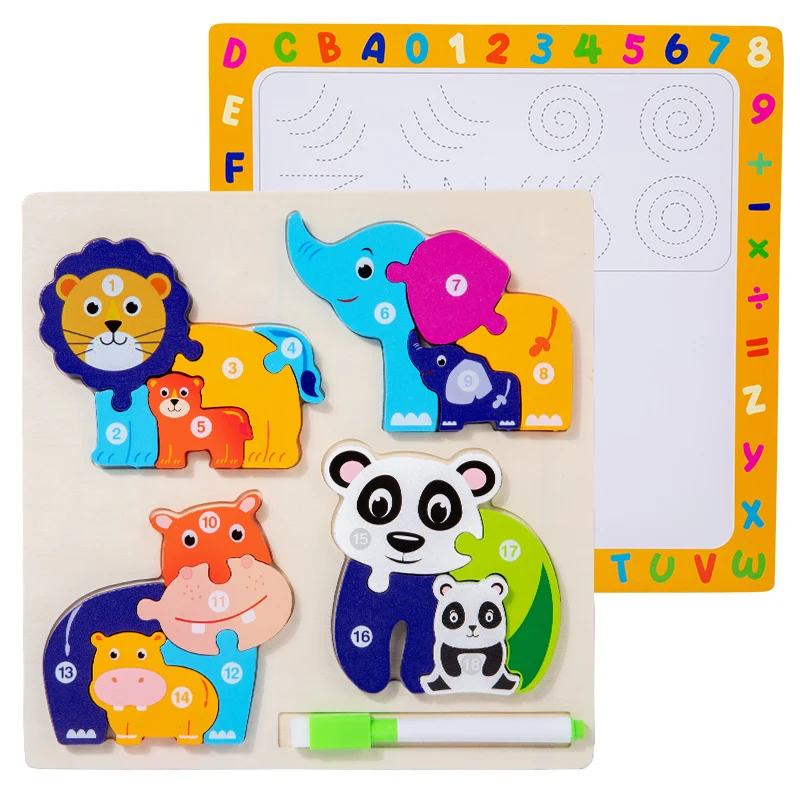Animal De Madeira Pai Criança Desenho Placa Puzzle 3d, Desenhos Animados Para Crianças Brinquedos De Ensino Precoce
