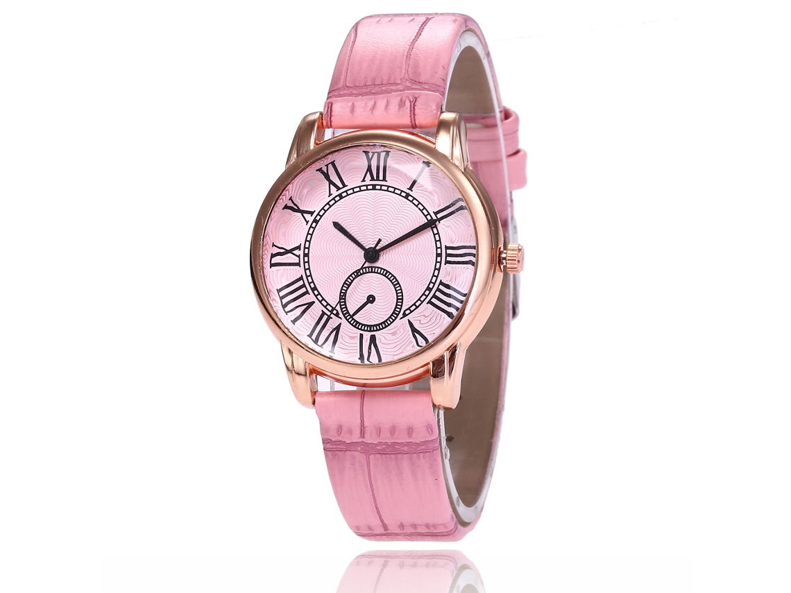 Relógio feminino de quartzo com pulseira de couro PU, mostrador com numerais romanos, Zhoulianfa rosa.