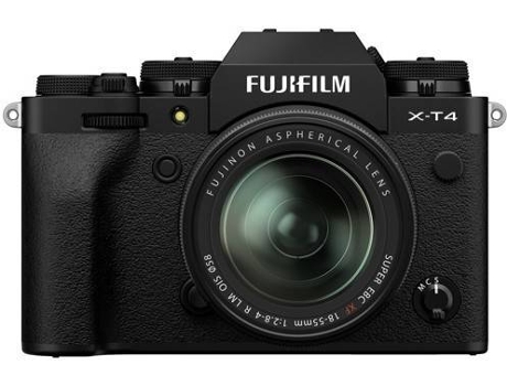 Kit Máquina Fotográfica Mirrorless FUJIFILM X-T4 + 18-55 mm (Preto - 26.1 MP - Sensor: CMOS - ISO: 80 a 51200) — Sensor X-Trans 26.1MP, IBIS até 6.5 stops, Vídeo 4K 60p, FullHD 240p, F-Log, Deteção Rosto/Olhos, 425 Pontos de Focagem, Disparo até 30fps, LCD Touch Articulável, 18 modos de película