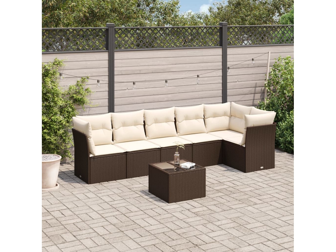 Vidaxl 7 Pcs Conjunto De Sofás Jardim C/ Almofadões Vime Pe Castanho
