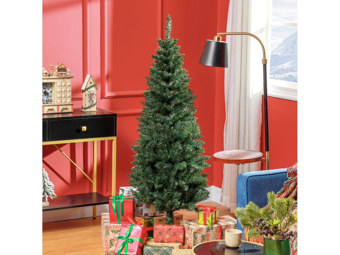 Árvore De Natal Tipo Lápis 150 Cm Com Base Dobrável E 317 Ramos, Para Quarto E Escritório, Verde