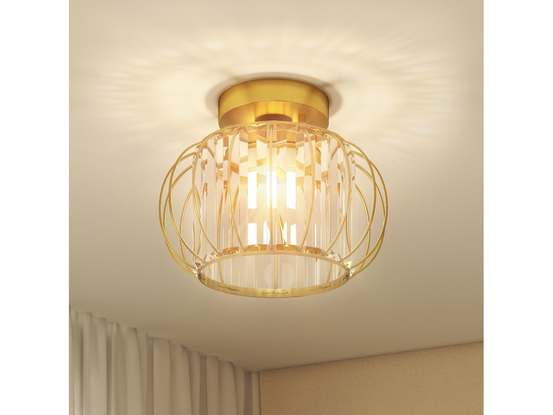 Plafoniera Led Moderna e Minimalista em Gaiola com 18 Cristais,metal Dourado,ø27x19 Cm BTFORUS