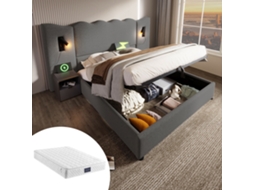 Cama Casal Cinza 160x200cm Estofada, Linho, Led Leitura, Usb-c, Ripas (c/ Colchão). -op