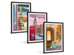 Conjunto De Pinturas Vistas Retrô De Paris E Londres Espelharte (3 Peças 40x60 Cm)