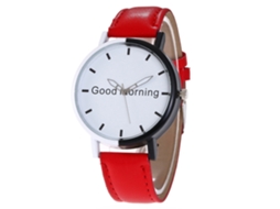 Relógio unissex moderno com pulseira de couro PU, movimento de quartzo, vermelho com inscrição.