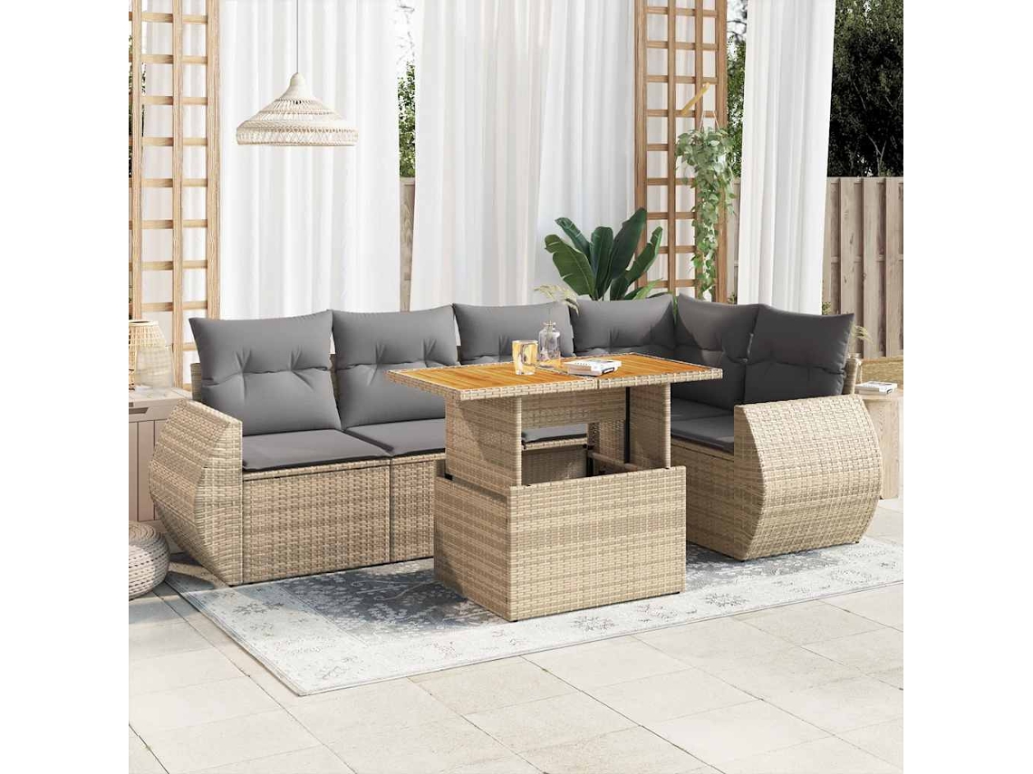 Vidaxl 6 Pcs Conjunto De Sofás P/ Jardim Com Almofadões Vime Pe Bege