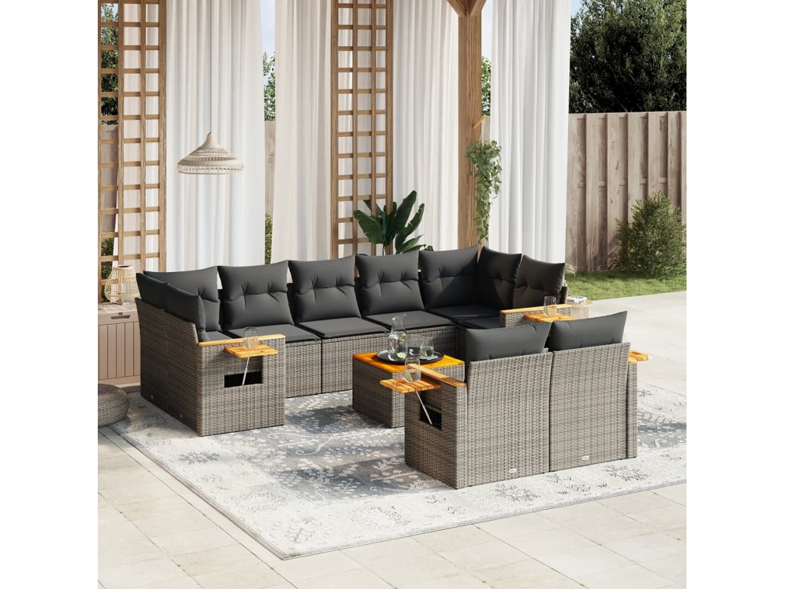 Vidaxl 10 Pcs Conjunto Sofás De Jardim C/ Almofadões Vime Pe Cinzento