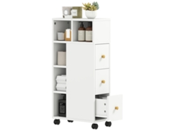 Armário de Banheiro Estreito com 4 Rodas, 3 Gavetas, 5 Compartimentos, 20x40x80cm, Branco | S/MARCA