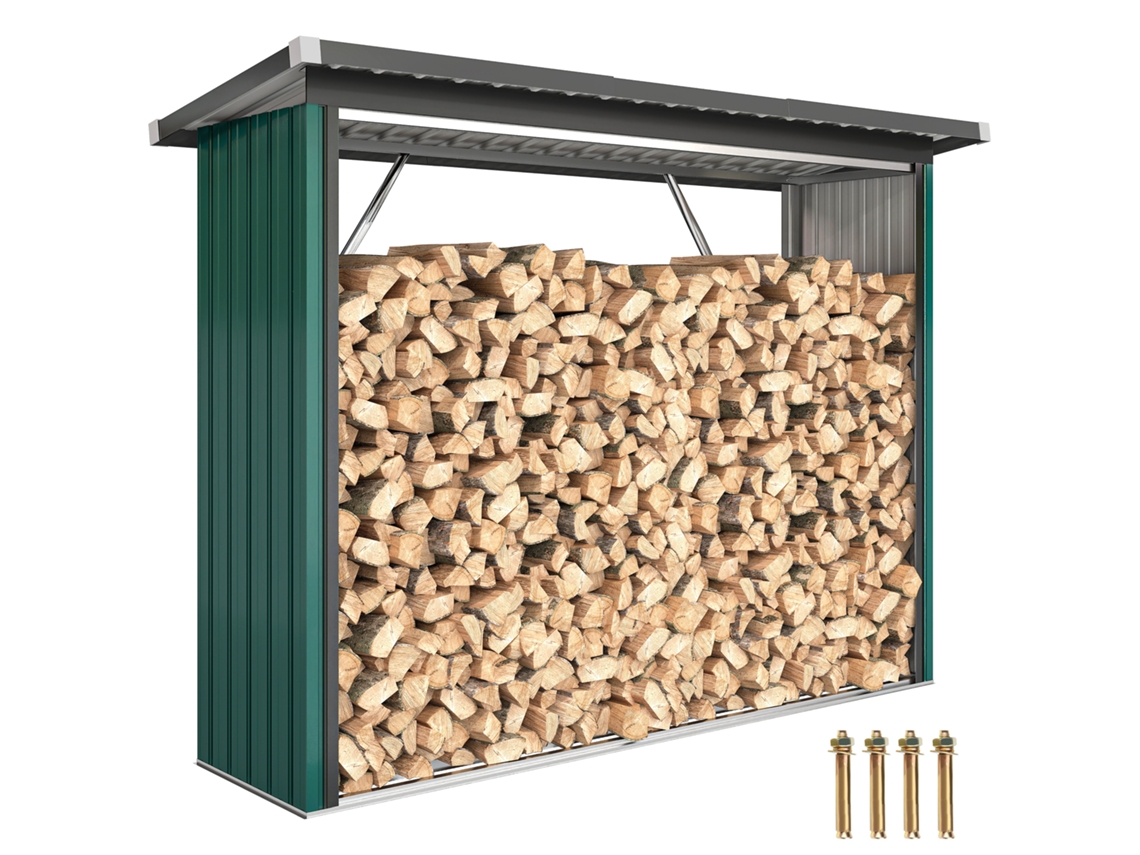 Abrigo para Lenha de Aço Galvanizado com Base Elevada e Teto Inclinado 213x66,5x150 Cm Cinzento Escuro