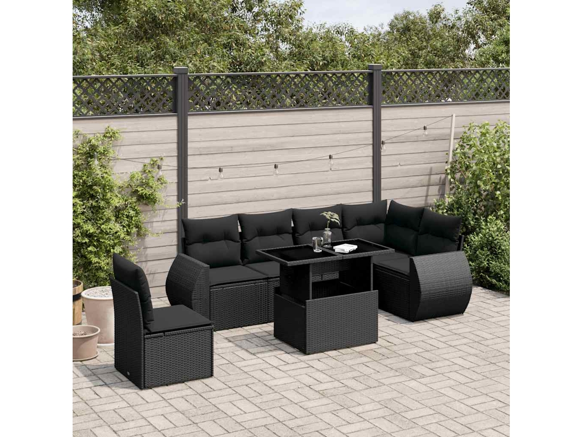 Vidaxl 7 Pcs Conjunto De Sofás P/ Jardim C/ Almofadões Vime Pe Preto