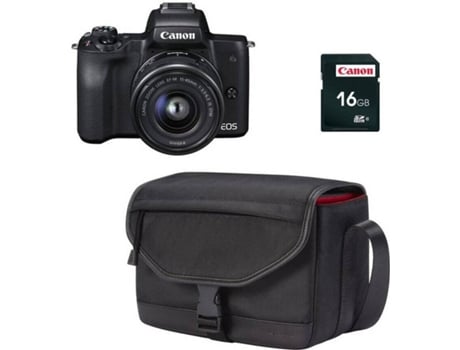 Kit Máquina Fotográfica CANON EOS M50 + 15-45 mm f/3.5-6.3 (APS-C) Kit Máquina Fotográfica CANON EOS M50 + 15-45 mm f/3.5-6.3 (APS-C) — Estojo SB130 + Cartão SD 16 GB Preto