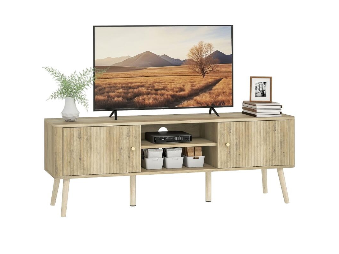 Suporte Para Tv, Suporta Televisores Até 65 Polegadas, Com 2 Portas, 2 Compartimentos Abertos, Prateleira Ajustável, 140x35x49cm, Carvalho.