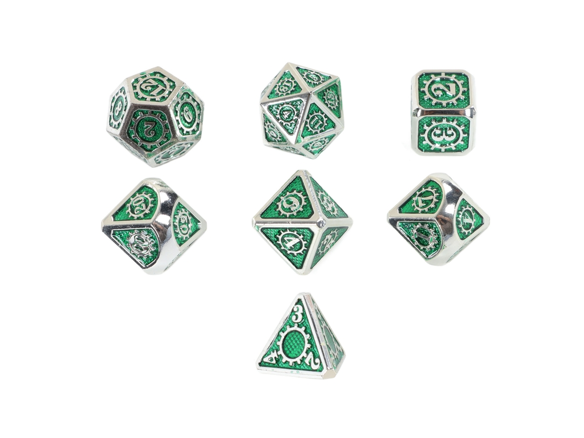 Set De 7 Dados Metálicos Poliedricos Com Design De Engrenagem Para Jogos De Tabuleiro, Rpg E Cartas, Cor Verde Divertida