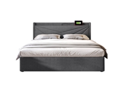 Cama de Casal Estofada 140x200 Cm com Baú, carregador Usb Tipo C, cabeceira em Linho e Estrado de Ripas, ideal para Quartos Juvenis PAPRIKA