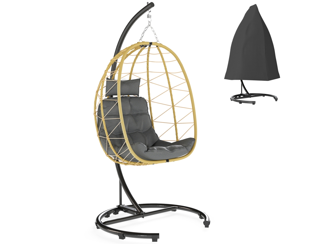 Cadeira suspensa dobrável com almofadas, aço e Rattan Pe, 102x102x195 cm, preta, Cinza e Bege ZENCORE SERVICES