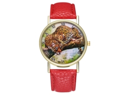 Reloj De Cuarzo Unisex Con Correa De Cuero Pu Moda Dial Leopardo Rojo