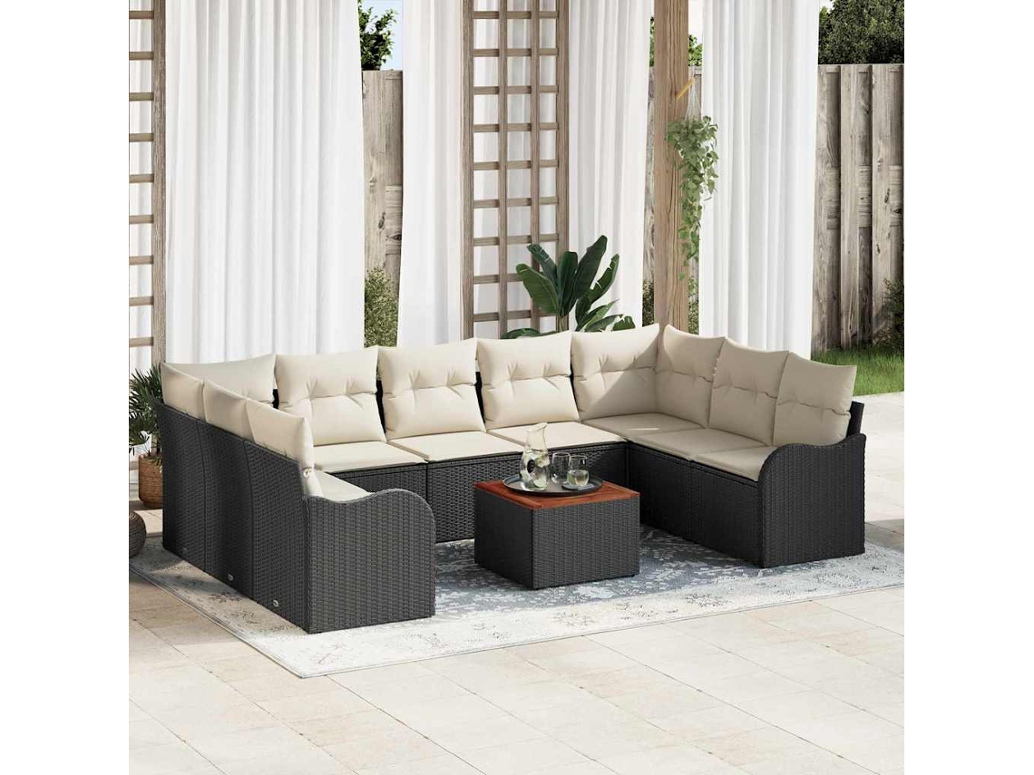 Vidaxl Conjunto De Sofá De Jardim Com Almofada 10 Pcs Preto Vime Pe