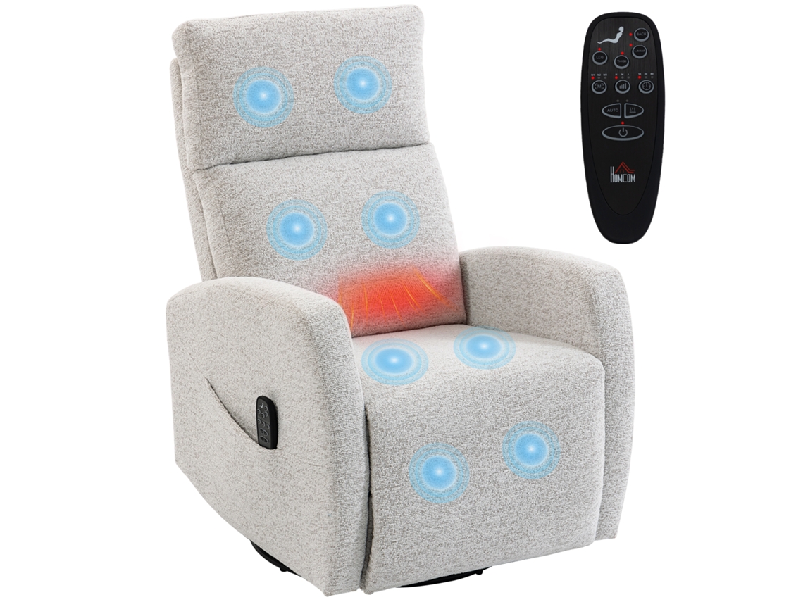 Poltrona Reclinável Com Massagem E Aquecimento, Revestida Em Chenille, Com Encosto Ajustável, Giro De 360° E Cor Creme.