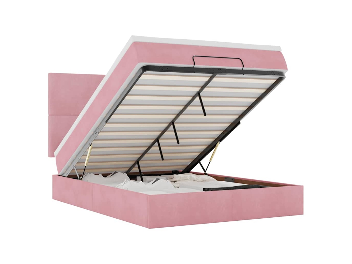 Estrutura de Cama Otomana com Colchões em Veludo Rosa (140x190 cm)