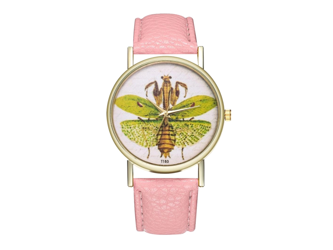 Relógio de quartzo unissex com pulseira de couro PU e mostrador com numerais romanos e estampa de insetos rosa da Zhoulianfa.