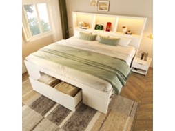 Cama Madeira 140x190 Com Mesa Usb-c, Gavetas E Prateleiras Branca