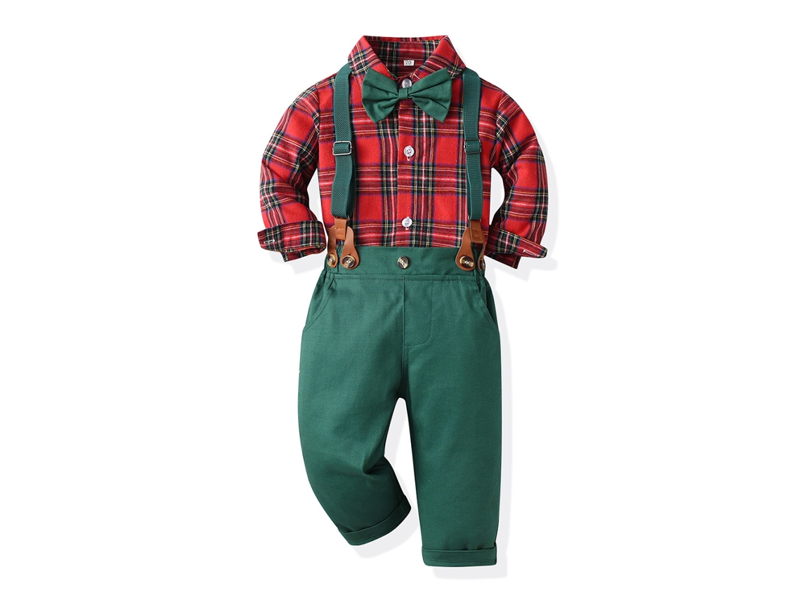 Roupas de Natal Xadrez de Manga Comprida Cardigã de Algodão e Macacão Conjunto de Duas Peças 140
