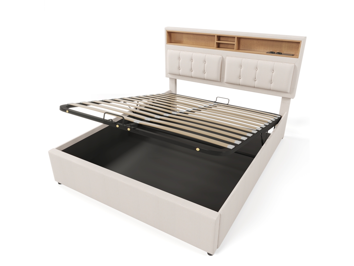 Cama de Casal Estofada com Usb c,cabeceira e Arrumação,estrutura em Linho,160x200 com Estrado de Ripas e Colchão PAPRIKA