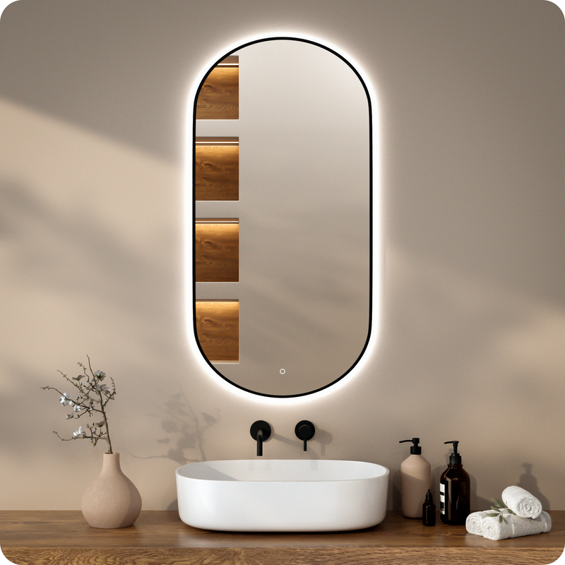 Espelho De Banheiro 120x60cm Oval Moldura Preta Antiembaçante Com Luz Led Iluminada Mirlux