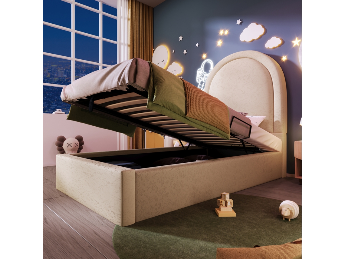 Cama Infantil 90x200cm Bege Pu Padrão Cósmico Sem Colchão