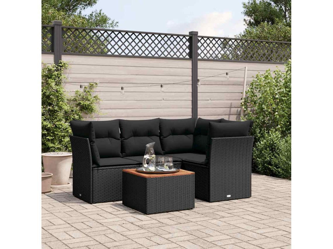 Vidaxl 5 Pcs Conjunto Sofás De Jardim Com Almofadões Vime Pe Preto