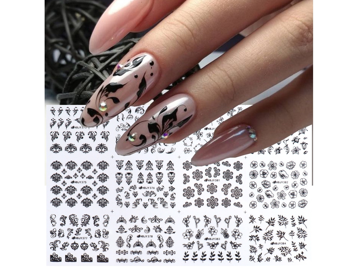 Conjunto de 12 Adesivos Pretos para Unhas, com Design 3d, Adequados para Materiais em Gel, Pó e Plástico. MDUG