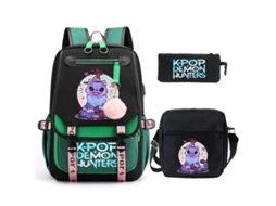 Mochila Escolar De Anime Conjunto De Três Peças, Com Bolsa Transversal E Estojo, Grande Capacidade, À Prova D'água, Estilo 1 Verde