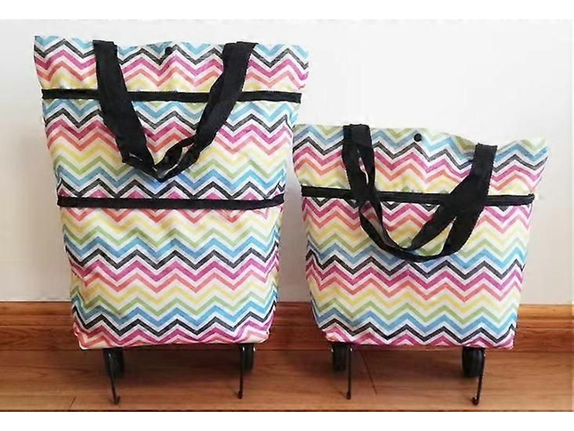 Carrinho de Compras Dobrável 2 em 1 com Zíper Duplo e Sacola de Compras Dobrável com Rodas, Estampa Ondulada Colorida, 33 X 28 Cm. GOKOCO