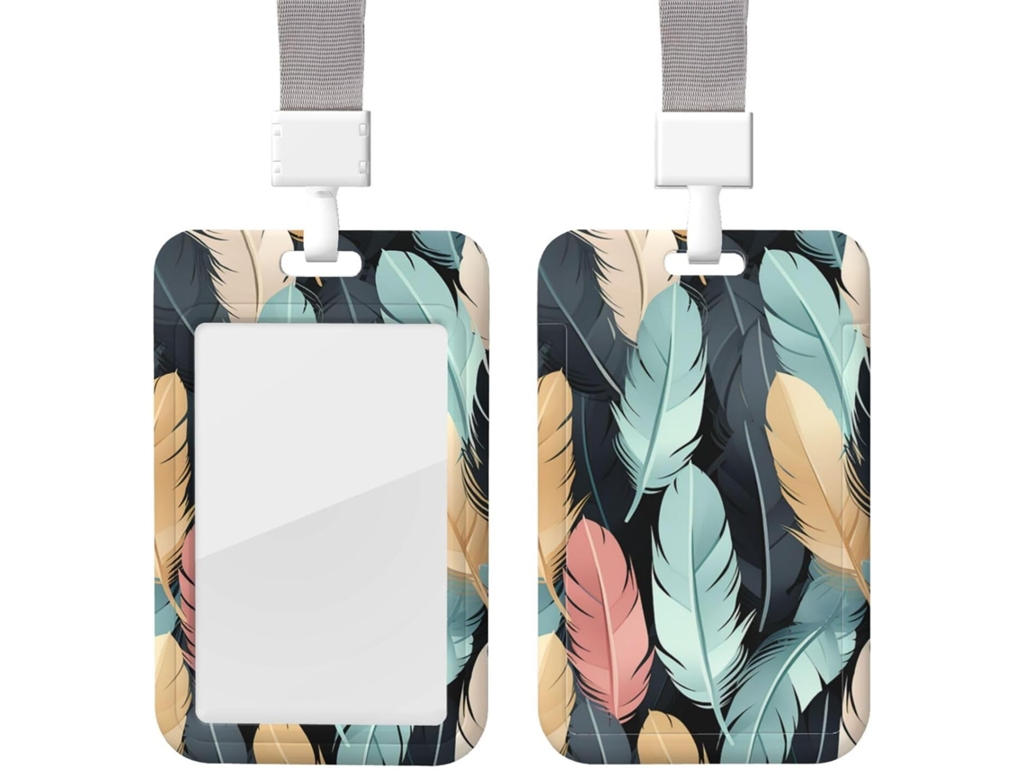 Porta Crachá Com Estampa De Penas E Cordão, Porta Cartão De Identificação, Capa Protetora Vertical Cartão, Estojo