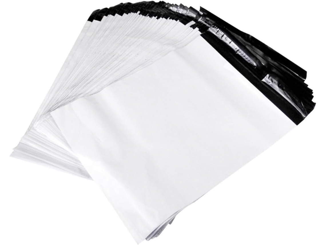 Lote com 100 unidades de envelopes plásticos grossos brancos para envio, impermeáveis e autoadesivos.