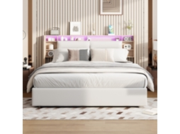 Cama Com Armazenamento 140x200 Cm, Cama Arquitector De Casal Com Cabeceira, Sistema Pneumático, Luz Led 6000 Cores, Controlo Por App-branco