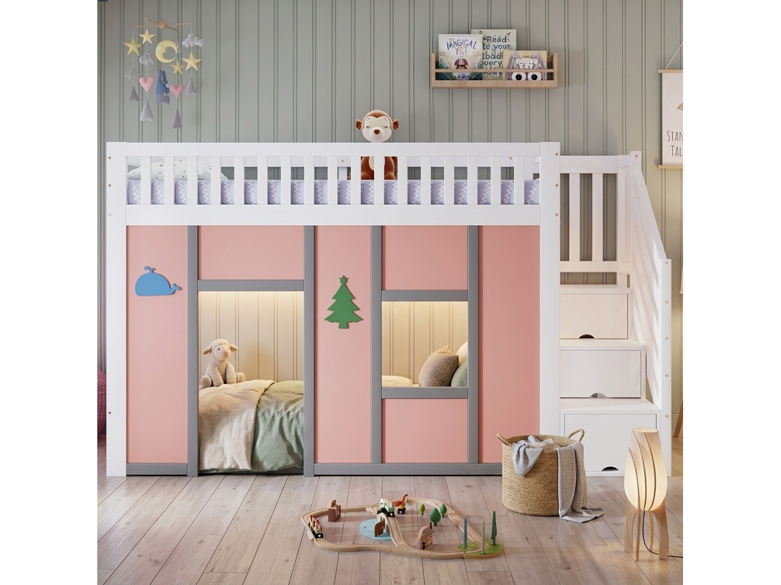 Cama Alta Para Criança 90 × 200 Cm Escada Com Degraus Com Escada Em Solid Madeira+mdf Branco+rosa