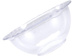 Pequena bacia transparente de polipropileno com detalhes em renda para maquiagem e higiene.