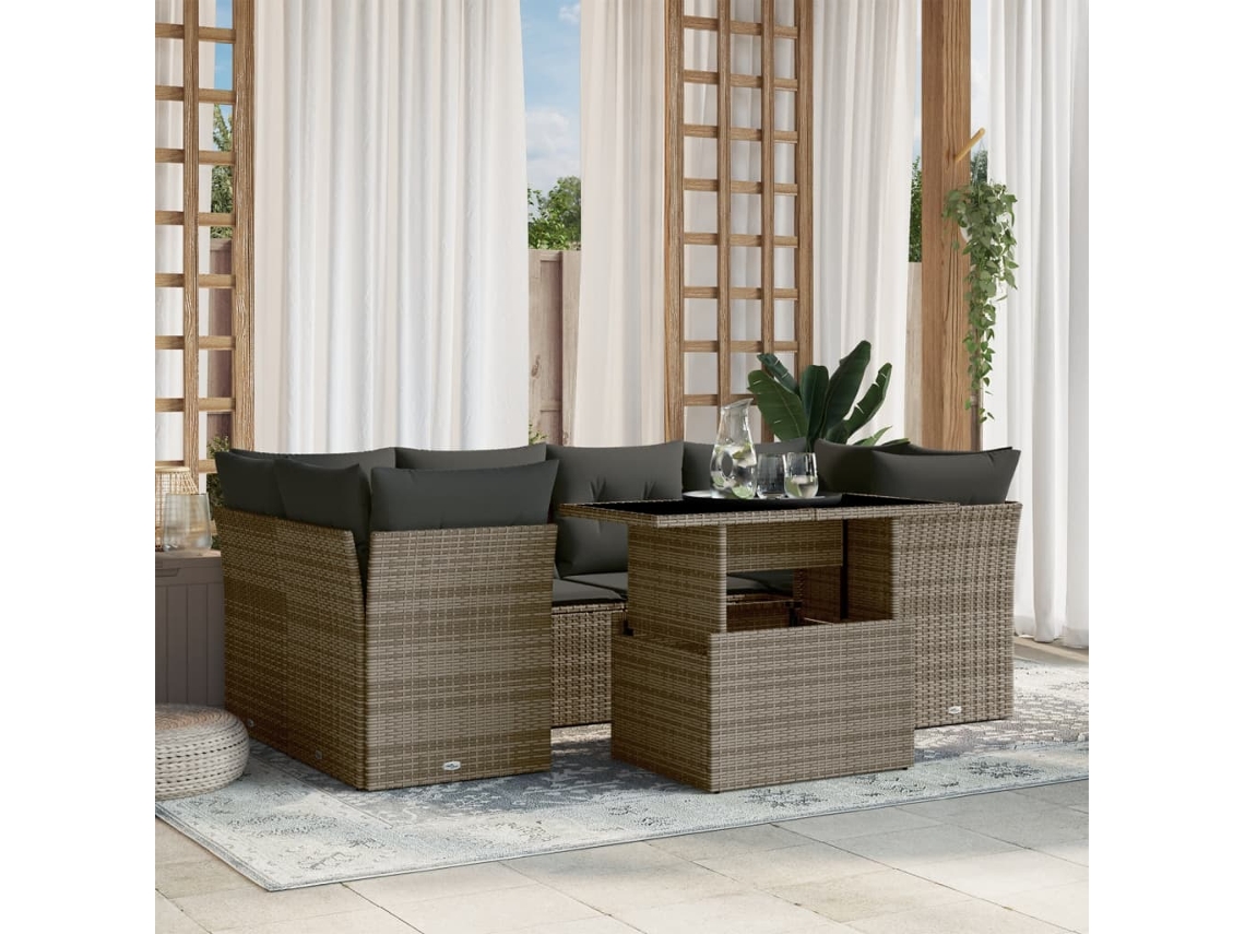 Vidaxl 7 Pcs Conjunto Sofás P/ Jardim C/ Almofadões Vime Pe Cinzento