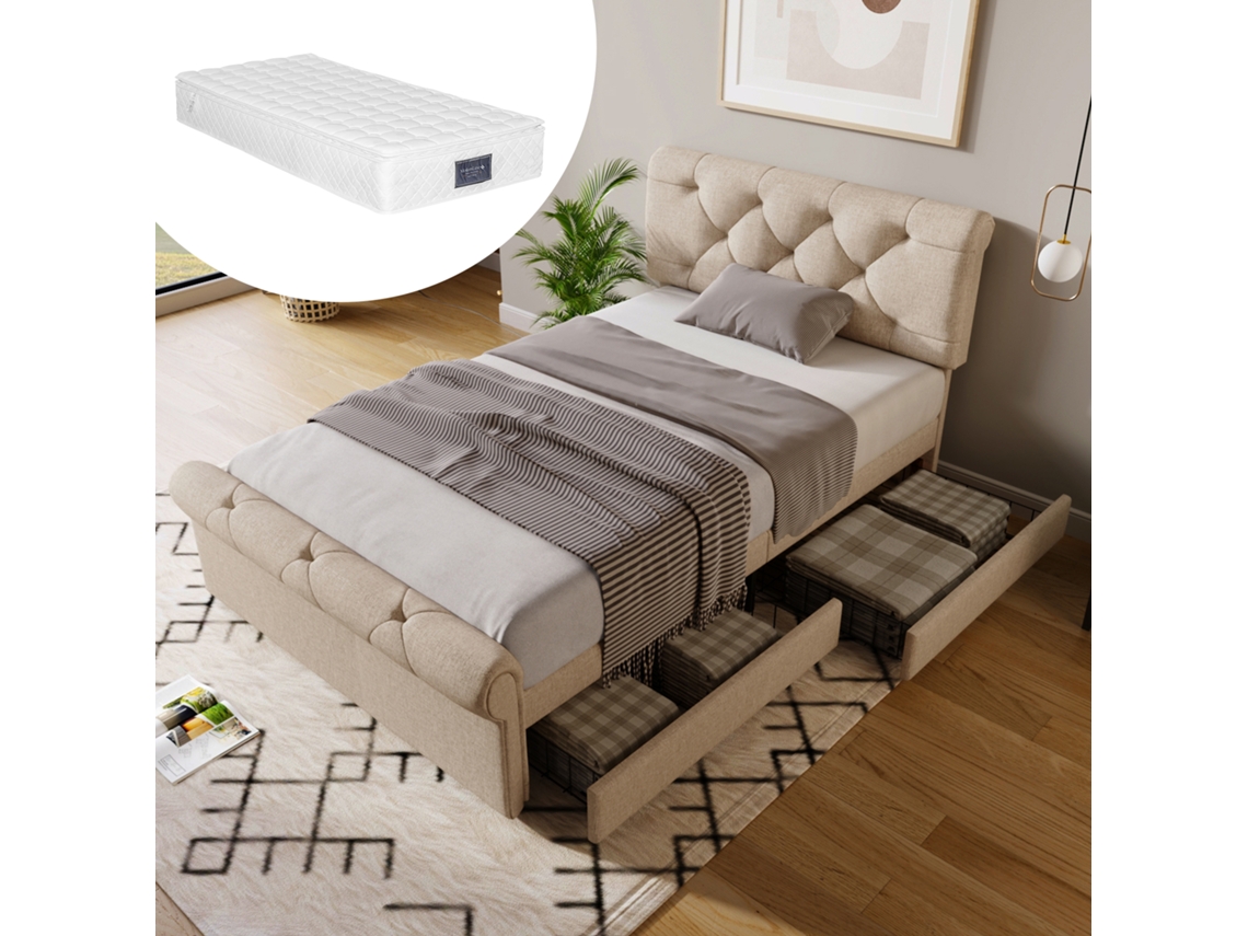 Cama Solteiro 90x200cm Com Gavetas Cabeceira Ajustável E Colchão