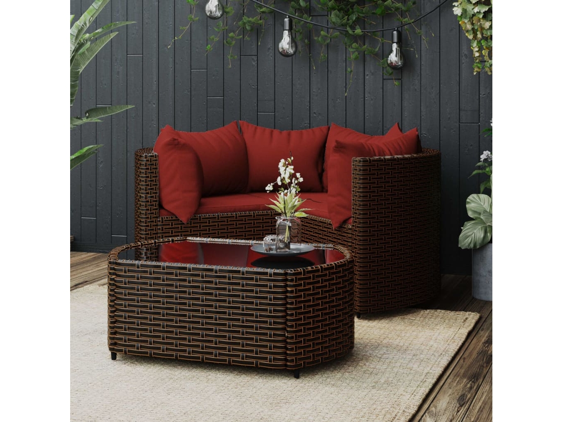Vidaxl 4 Pcs Conjunto Lounge Jardim C/ Almofadões Vime Pe Castanho