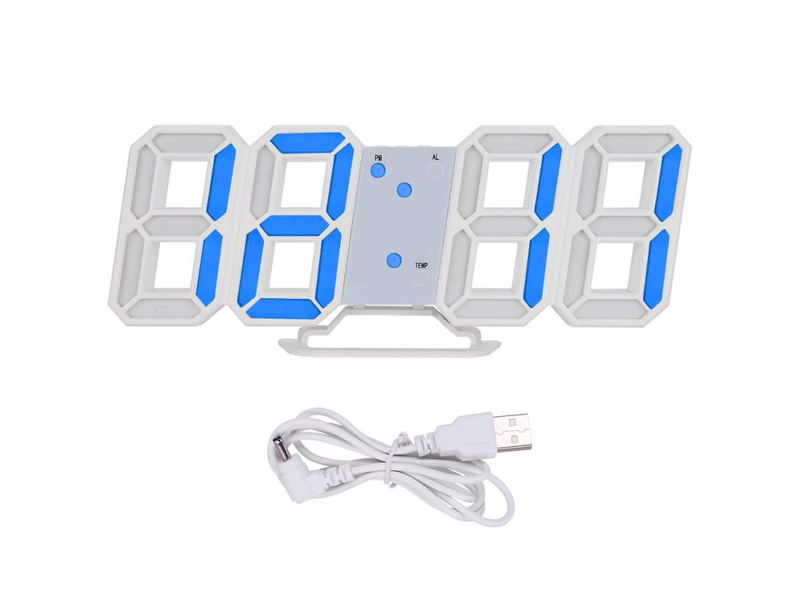 Relógio de parede digital LED 3D com alarme e carga USB, display de números azuis S/MARCA