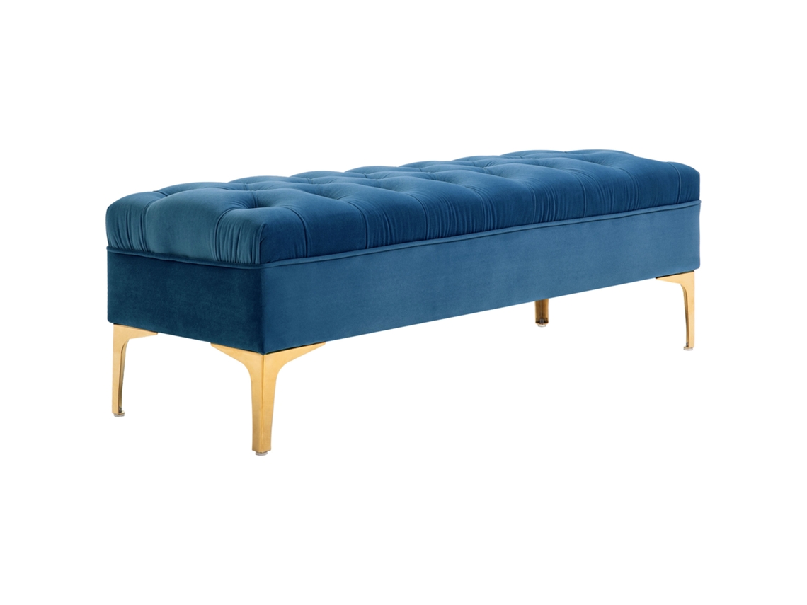 Banco Banqueta Acolchoada BTFORUS com Pés de Metal Dourado 118x45x42cm Veludo Azul