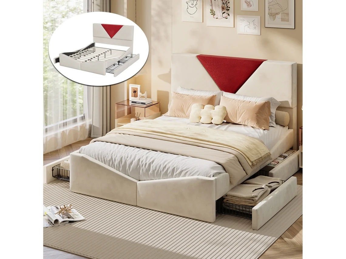 Cama Estofada 160x200 Cm, Cama De Casal, 4 Gavetas, Com Cabeceira E Estrutura De Ripado, Tecido De Veludo - Bege