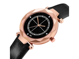 Relógio de pulso feminino com mostrador de diamantes em PU, movimento de quartzo, estilo fashion, preto.