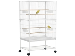 Gaiola Pássaros Rodas 4 Portas Comedouros Prateleira Armazenamento 78x52x132 Branco