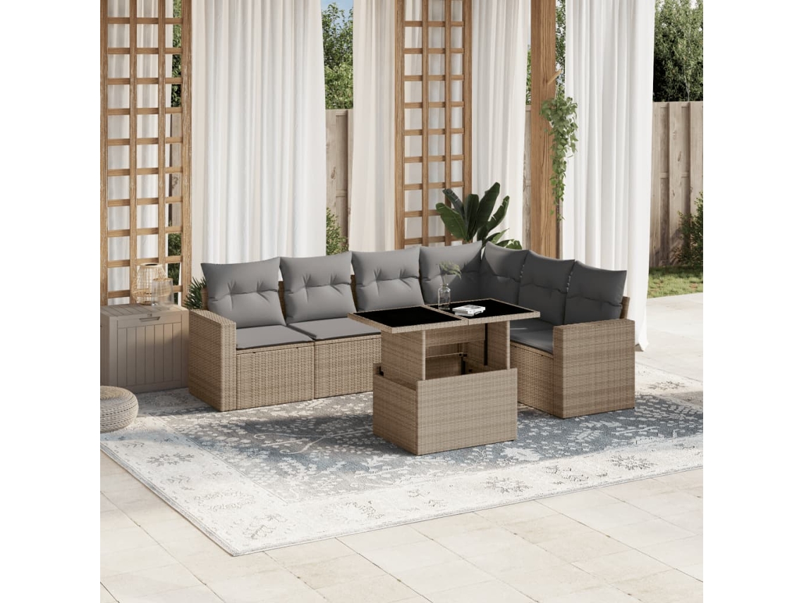Vidaxl 7 Pcs Conjunto de Sofás P/ Jardim com Almofadões Vime Pe Bege